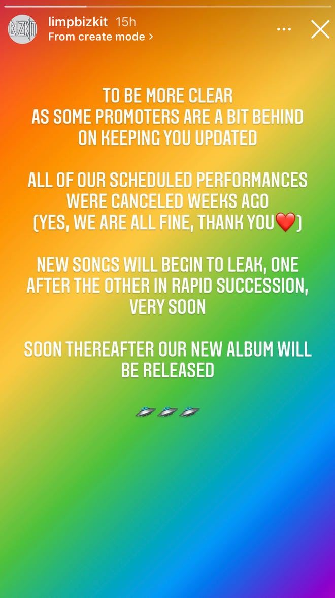Limp Bizkit: historia de agosto 2021 en instagram anunciando nuevas canciones