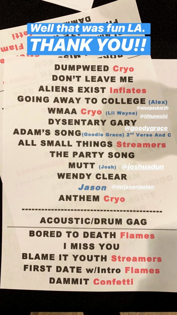 blink-182 setlist con josh dun, jason aalon butler y alex gaskarth